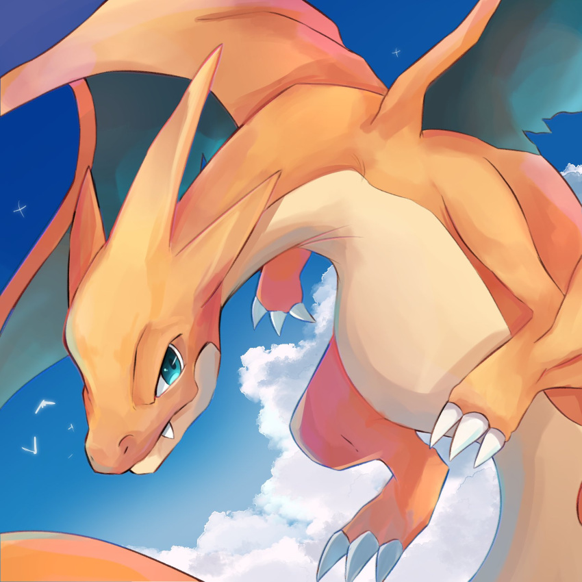 bird charizard claws closed_mouth clouds commentary_request day fang fang_out flying gen_1_pokemon goma_(nabepa_nabepa) green_eyes highres mega_charizard_y mega_pokemon no_humans outdoors pokemon pokemon_(creature) sky solo