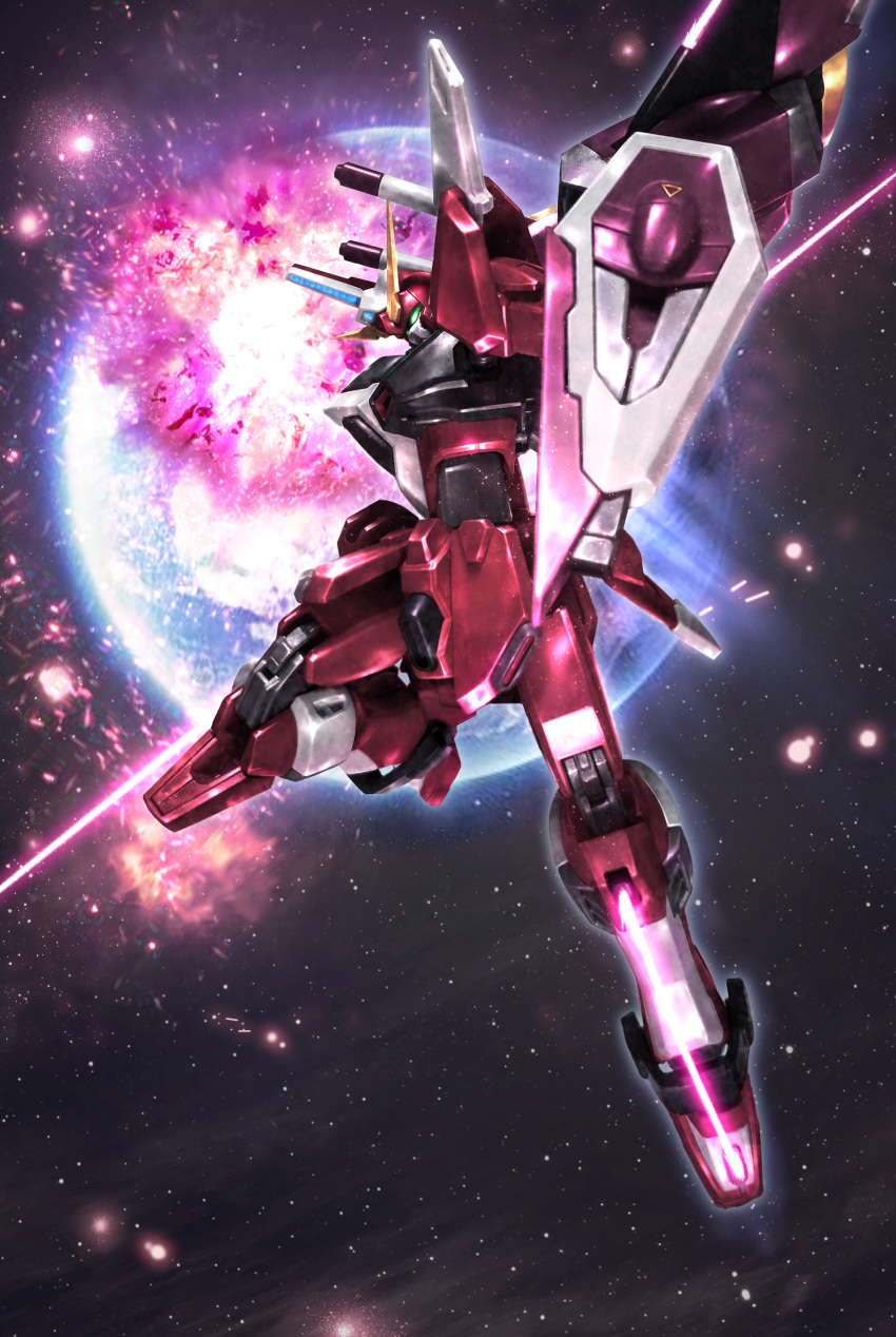 absurdres beam_saber earth explosion glowing glowing_eye green_eyes gundam gundam_seed gundam_seed_destiny highres holding holding_sword holding_weapon infinite_justice_gundam looking_down mecha mechanical_wings no_humans planet science_fiction shield solo space sword tom_liu v-fin weapon wings