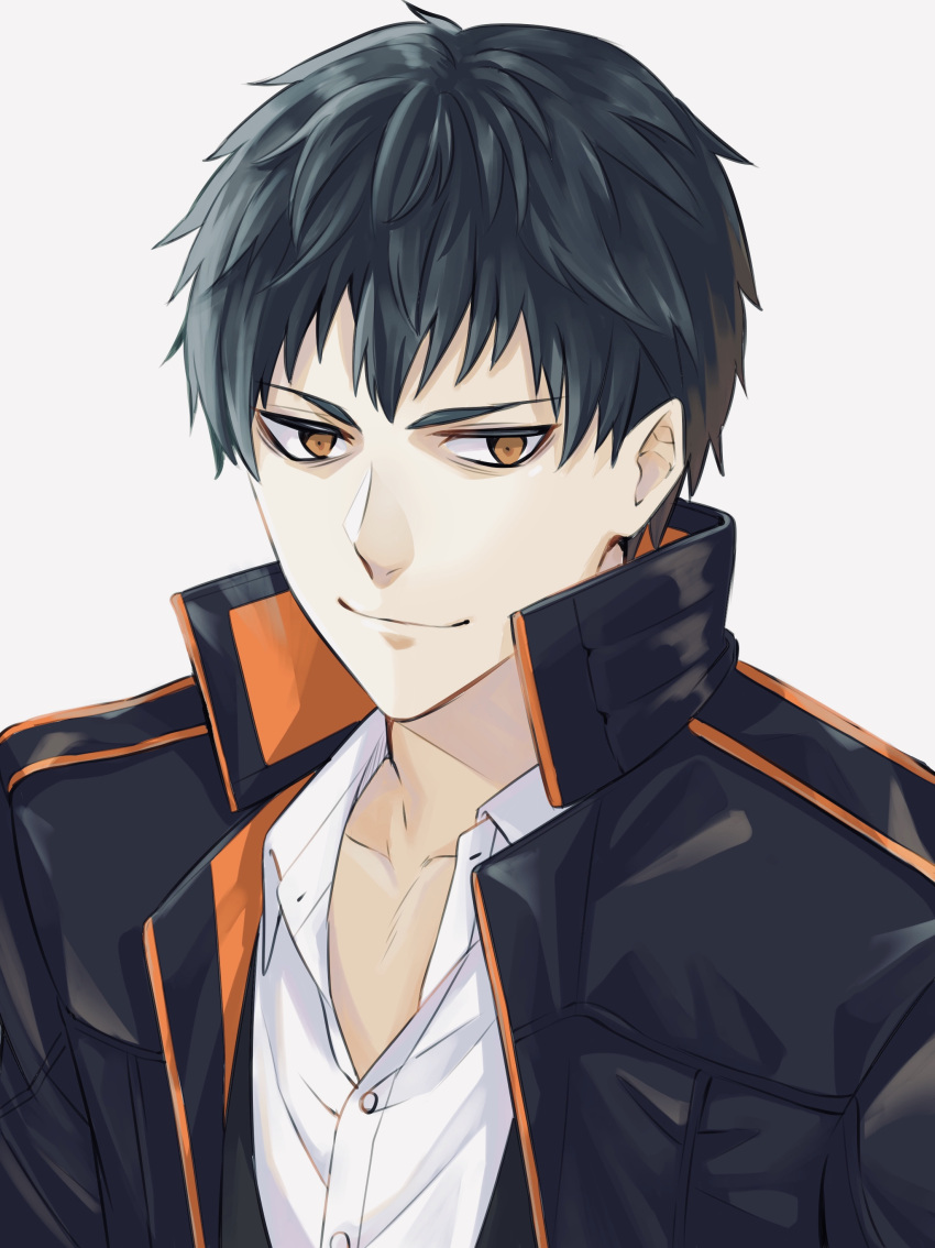 1boy absurdres alternate_costume bangs bishounen brown_eyes collarbone fate/grand_order fate_(series) highres jacket long_sleeves male_focus okuno_naru_(exoprsa) open_clothes open_jacket partially_unbuttoned saitou_hajime_(fate) shirt short_hair simple_background smile solo white_shirt