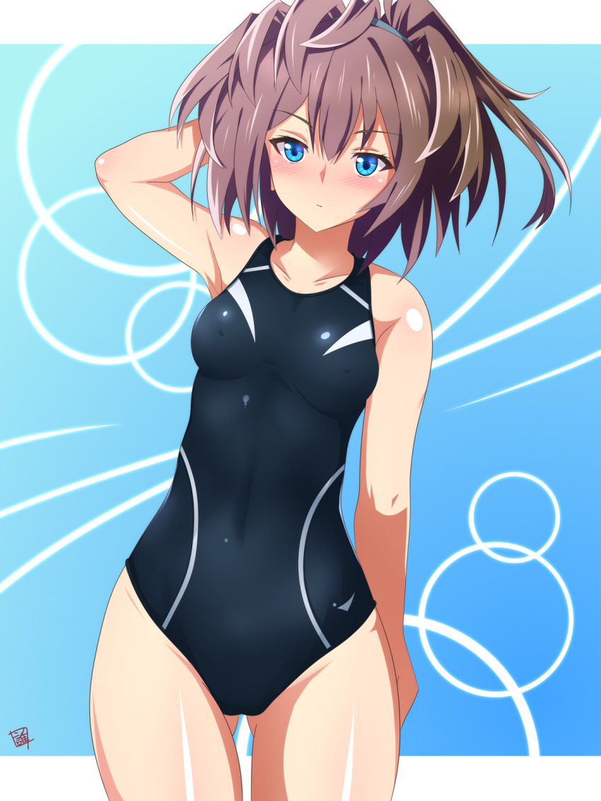 1girl alternate_costume arm_behind_head ass_visible_through_thighs black_swimsuit blue_eyes blush breasts brown_hair competition_swimsuit covered_navel covered_nipples cowboy_shot highleg highleg_swimsuit highres kantai_collection messy_hair one-piece_swimsuit sebunsu sheffield_(kantai_collection) small_breasts solo standing swimsuit