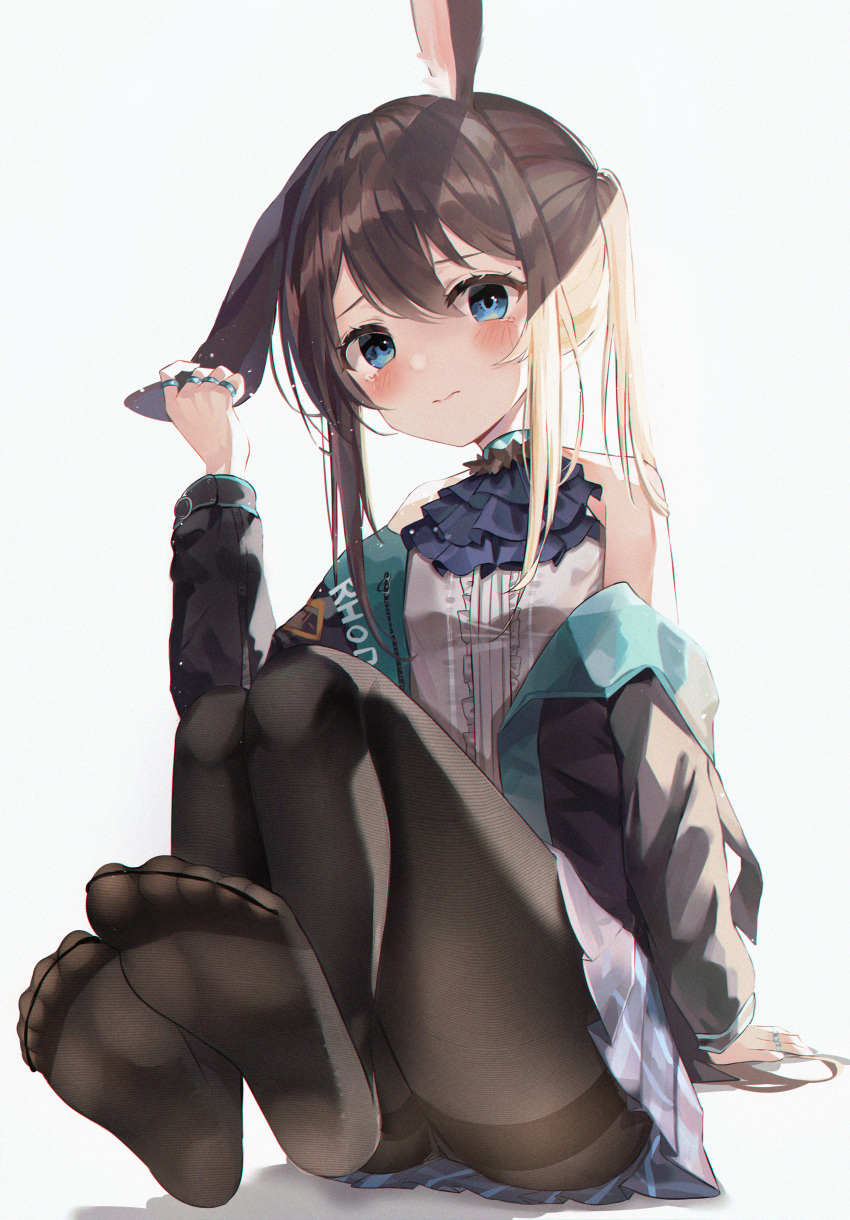 1girl absurdres amiya_(arknights) animal_ears arknights arm_support bangs bare_shoulders black_jacket black_legwear blue_eyes breasts brown_hair closed_mouth ear_grab feet hair_between_eyes highres huge_filesize jacket jewelry knees_up long_hair long_sleeves looking_at_viewer no_shoes off_shoulder one_side_up open_clothes open_jacket pantyhose rabbit_ears ring shirt sidelocks simple_background sitting skirt small_breasts soles solo thighband_pantyhose thighs toes white_background whitebc