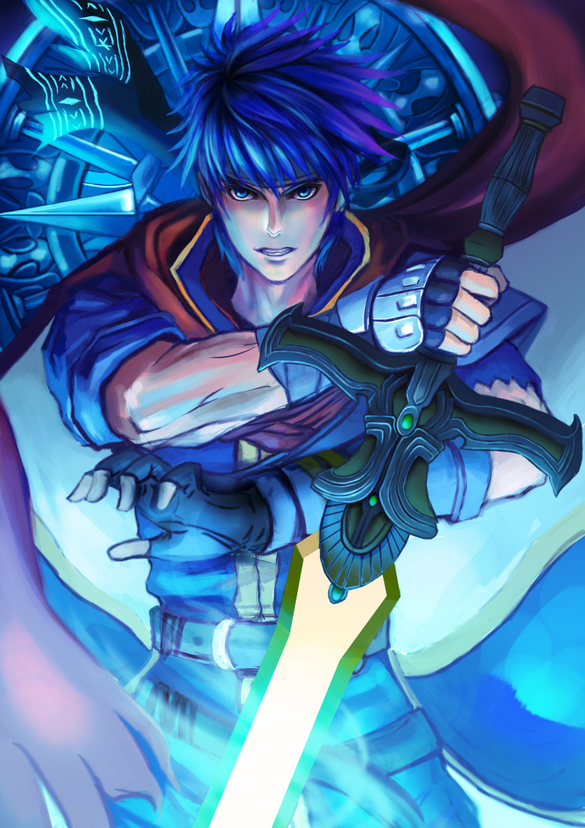 1boy absurdres bangs black_gloves blue_eyes blue_hair cape clenched_teeth fingerless_gloves fire_emblem fire_emblem:_path_of_radiance gloves hair_between_eyes highres holding holding_sword holding_weapon ike_(fire_emblem) jack_(kairuhaido) looking_at_viewer male_focus ragnell red_cape shiny shiny_hair short_hair solo spiky_hair standing sword teeth weapon