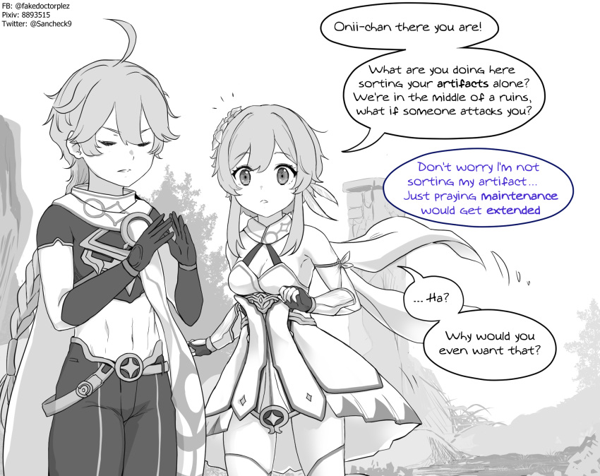 1boy 1girl aether_(genshin_impact) alphthelad brother_and_sister english_text genshin_impact greyscale highres lumine_(genshin_impact) monochrome siblings simple_background speech_bubble twins white_background