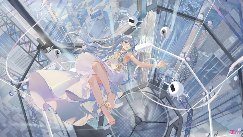 &gt;_&lt; &gt;_o 1girl anklet armpits artist_name atdan bare_arms bare_legs bare_shoulders barefoot barefoot_sandals blue_eyes breasts building butterfly_hair_ornament cangqiong city dress drone fan feet full_body hair_ornament highres indoors jewelry large_breasts long_hair looking_at_viewer midair one_eye_closed one_side_up parted_lips propeller revision ribbon sideboob silver_hair sleeveless sleeveless_dress smile solo synthesizer_v toe_ring very_long_hair visible_air white_dress white_ribbon window wrist_ribbon