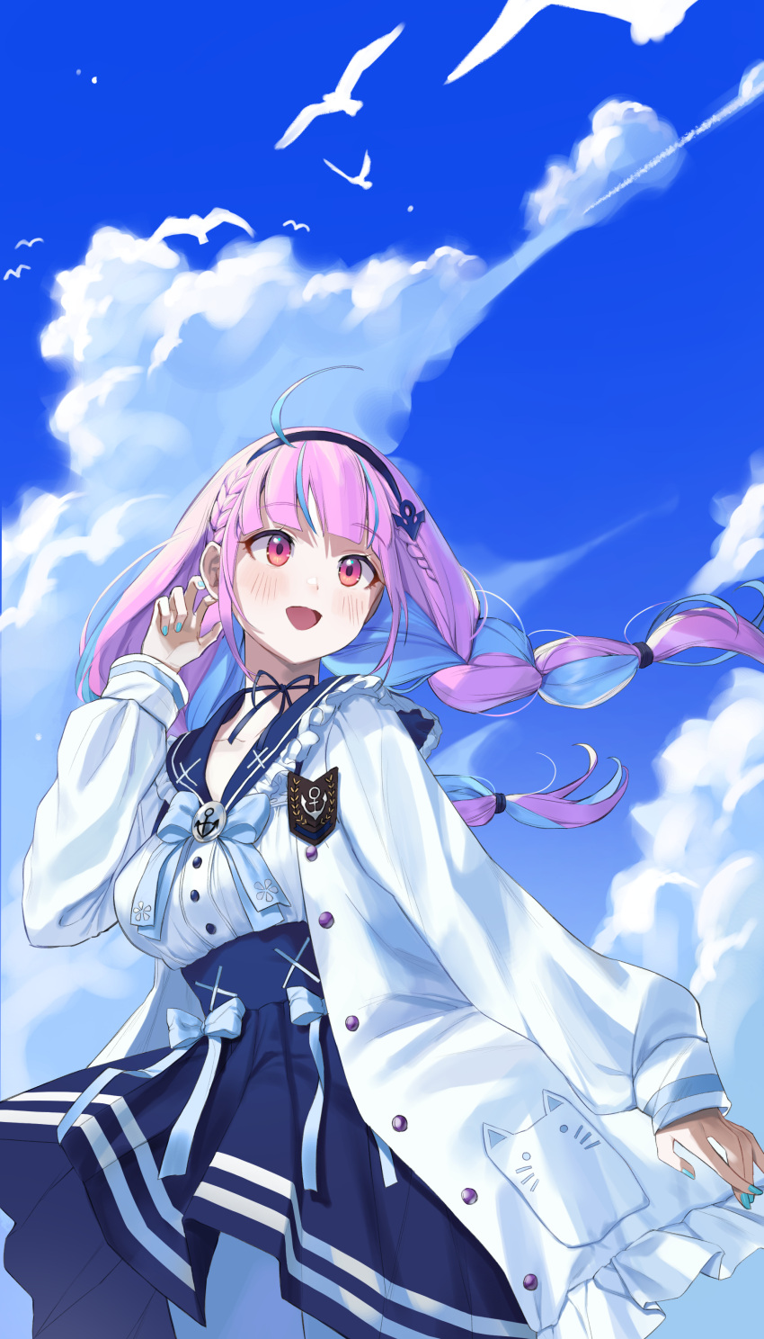 1girl :d absurdres ahoge anchor_hair_ornament anchor_symbol animal bird blue_bow blue_hair blue_hairband blue_nails blue_sailor_collar blue_skirt blue_sky bow braid breasts clouds cloudy_sky commentary_request day floating_hair hair_ornament hairband hand_up highres hololive jacket long_hair long_sleeves medium_breasts minato_aqua multicolored_hair nail_polish open_clothes open_jacket open_mouth outdoors pantyhose pink_hair pleated_skirt puckjjick_(belbesi19) puffy_long_sleeves puffy_sleeves red_eyes sailor_collar school_uniform serafuku shirt skirt sky sleeves_past_wrists smile solo twin_braids twintails two-tone_hair very_long_hair virtual_youtuber white_jacket white_legwear white_shirt