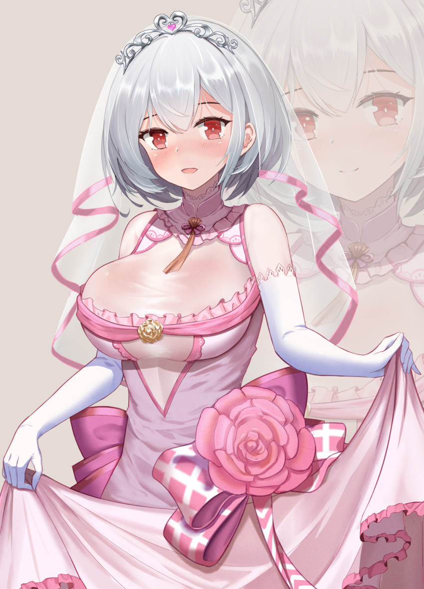 1girl alternate_costume artist_request azur_lane blush bodystocking bodysuit_under_clothes breasts bridal_veil dress dress_lift elbow_gloves flower gloves highres large_breasts long_dress looking_at_viewer pink_dress pink_flower red_eyes silver_hair simple_background sirius_(azur_lane) solo veil wedding wedding_dress white_gloves