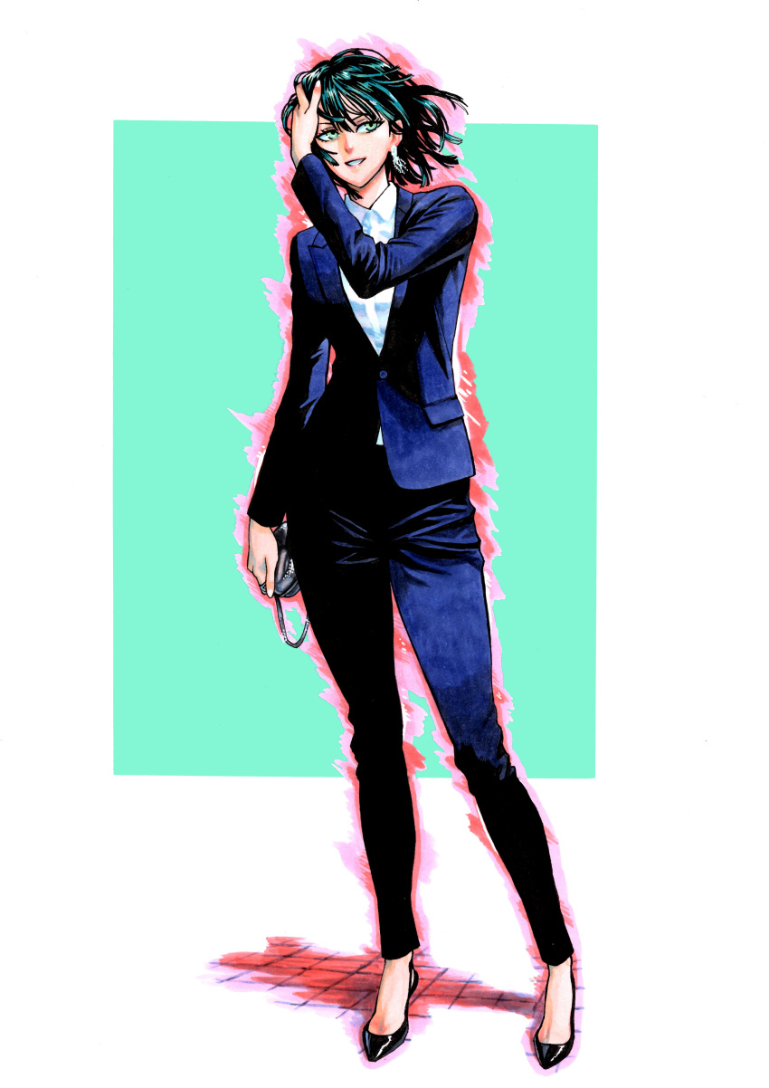 1girl absurdres alternate_costume bag black_footwear black_hair blue_suit collared_shirt earrings formal fubuki_(one-punch_man) full_body green_eyes hand_in_hair handbag highres holding_purse jewelry jigme marker_(medium) murata_yuusuke_(style) official_style one-punch_man outline pant_suit pumps shirt solo standing suit traditional_media white_shirt wind