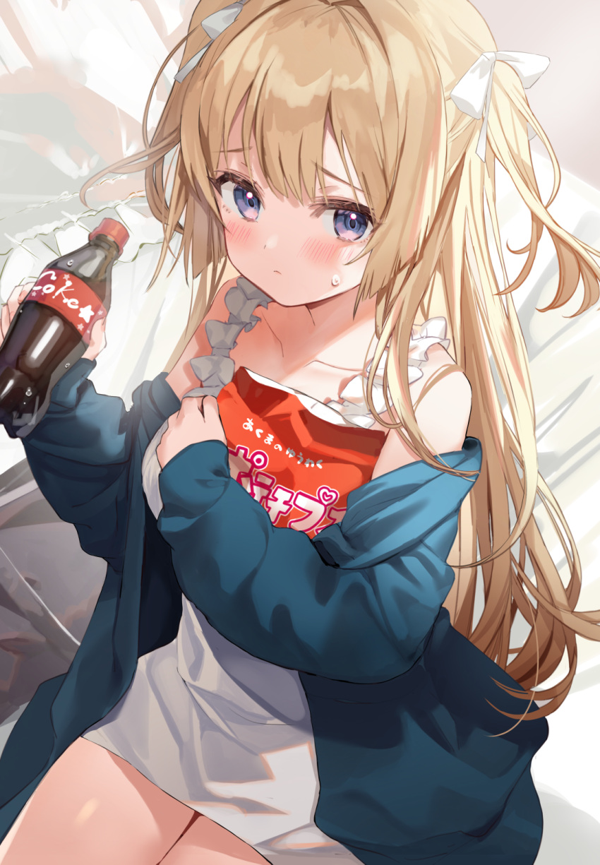 1girl bag_of_chips bangs bare_shoulders blue_jacket blurry blurry_background blush bottle bow breasts closed_mouth cola collarbone commentary_request depth_of_field dress eyebrows_visible_through_hair hair_bow hair_intakes highres holding holding_bottle jacket kanda_done light_brown_hair long_hair long_sleeves looking_at_viewer medium_breasts object_hug off_shoulder open_clothes open_jacket original sitting sleeveless sleeveless_dress soda_bottle solo sweat two_side_up very_long_hair violet_eyes white_bow white_dress