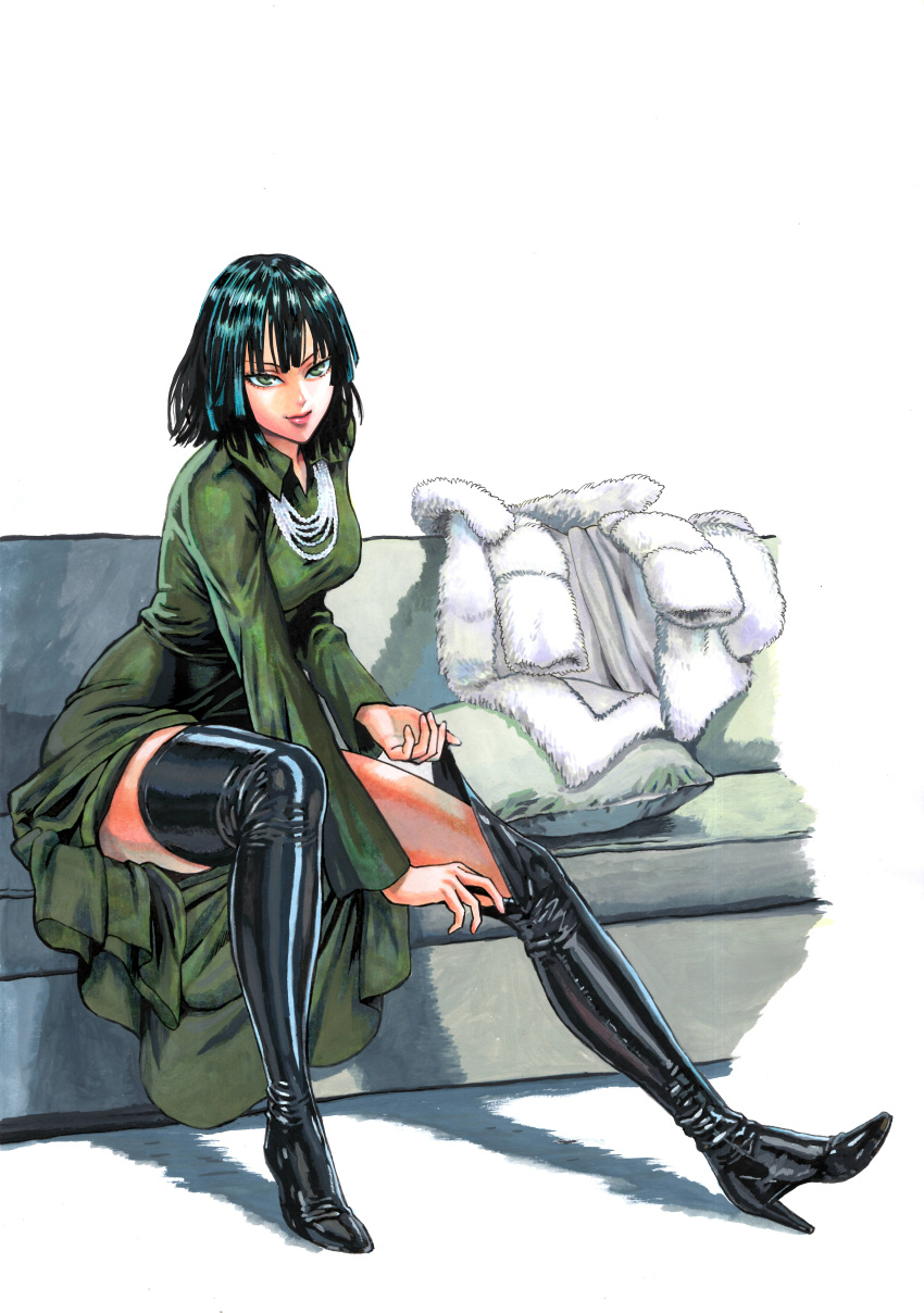 1girl absurdres adjusting_footwear black_footwear black_hair boots breasts coat coat_removed couch dress fubuki_(one-punch_man) full_body fur_coat green_dress green_eyes high_heel_boots high_heels highres jewelry jigme large_breasts leather leather_boots lips long_dress murata_yuusuke_(style) necklace official_style one-punch_man pillow sitting solo stiletto_heels thigh-highs thigh_boots thighs white_coat