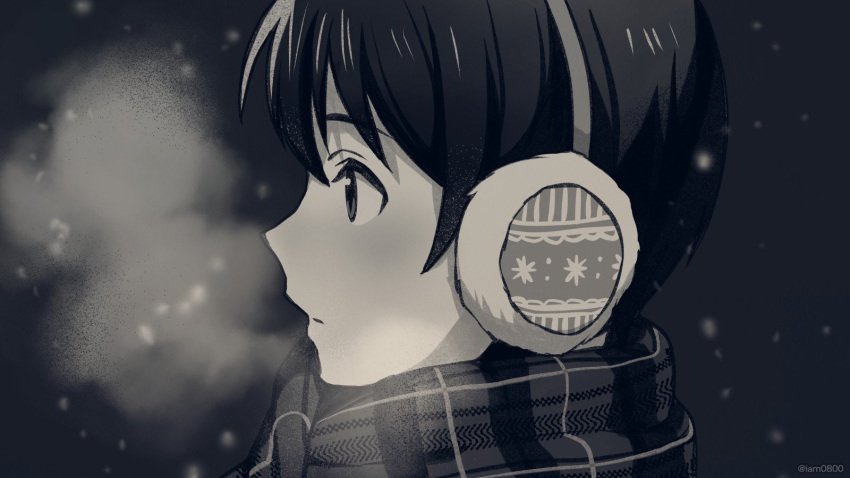 1boy bangs black_background blurry blurry_background breath commentary earmuffs from_side fuyumi_jun greyscale highres idolmaster idolmaster_side-m looking_to_the_side male_focus monochrome parted_lips plaid plaid_scarf portrait profile sayshownen scarf snowing solo twitter_username