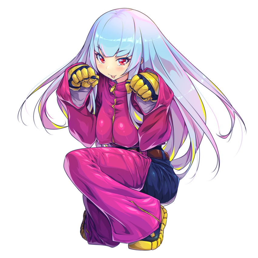 1girl :p bangs belt black_pants blue_hair blunt_bangs blush breasts chaps commentary_request covered_nipples cropped_jacket full_body gloves gradient_hair highres jacket kula_diamond long_hair looking_at_viewer medium_breasts multicolored_hair one_knee pants paw_pose pink_hair pink_jacket red_eyes shoes sneakers solo squatting the_king_of_fighters the_king_of_fighters_2000 tongue tongue_out two9one yellow_gloves zipper_pull_tab
