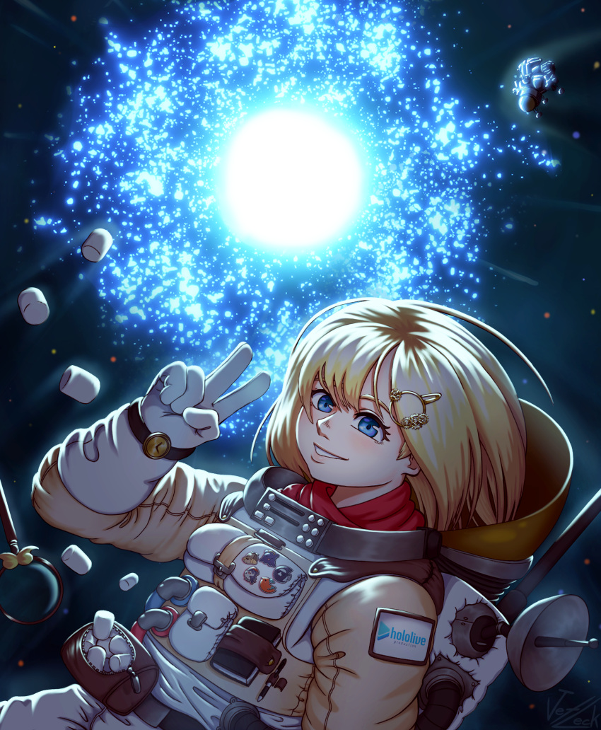 1girl absurdres astronaut blonde_hair bloop_(gawr_gura) blue_eyes bubba_(watson_amelia) copyright_name death-sensei_(mori_calliope) floating food highres hololive hololive_english holomyth jetleck logo looking_at_viewer marshmallow medium_hair outer_wilds red_scarf scarf science_fiction smile solo space spacesuit sun tako_(ninomae_ina'nis) v virtual_youtuber watson_amelia