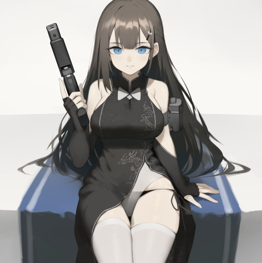 1girl absurdres arm_strap barcode_tattoo black_dress black_gloves black_hair black_panties blue_eyes breasts china_dress chinese_clothes closed_mouth dress elbow_gloves expressionless fingerless_gloves gloves gun hair_ornament hairclip handgun highres large_breasts long_hair original panties side-tie_panties side_slit single_sidelock sitting solo tattoo thigh-highs thigh_tattoo trigger_discipline underwear weapon white_legwear yuri_shoutu