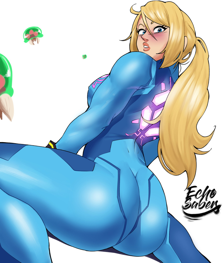 1girl absurdres ass biceps blonde_hair blue_bodysuit blue_eyes blush bodysuit breasts commentary covered_nipples echo_saber english_commentary from_behind highres lips long_hair looking_at_viewer looking_back medium_breasts metroid metroid_(creature) muscular muscular_female neon_trim ponytail samus_aran sitting skin_tight solo_focus thick_thighs thighs wariza zero_suit