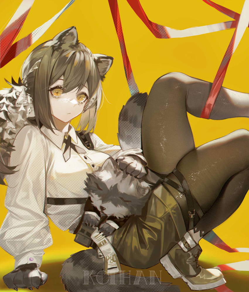 1girl absurdres animal animal_ears arknights arm_support artist_name black_gloves black_legwear brown_hair brown_shorts buttons chinese_commentary commentary gloves highres knees_up koi_han leaning_back leg_up legwear_under_shorts long_hair looking_at_viewer pantyhose petting raccoon raccoon_ears raccoon_girl raccoon_tail ribbon robin_(arknights) shirt shorts skindentation solo squatting tail tied_hair white_shirt yellow_background yellow_eyes