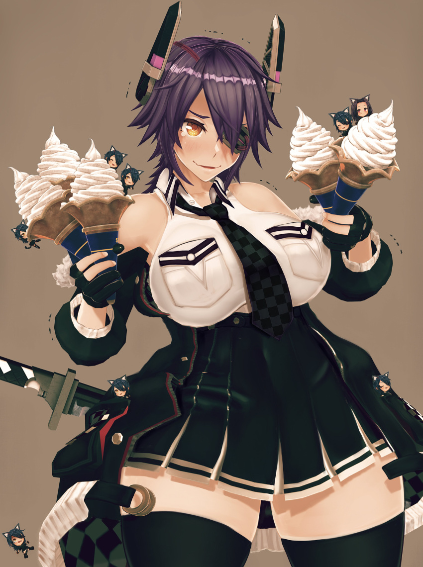 6+girls absurdres black_gloves black_hair black_jacket black_legwear black_skirt breast_pocket breasts checkered checkered_neckwear eyepatch ffkw food gloves highres ice_cream ice_cream_cone jacket kantai_collection large_breasts multiple_girls multiple_persona necktie off_shoulder partially_fingerless_gloves pleated_skirt pocket shirt short_hair skirt sleeveless sleeveless_shirt solo sword symbol_commentary tatsuta_(kantai_collection) tenryuu_(kantai_collection) thigh-highs too_many weapon white_shirt wide_hips yellow_eyes