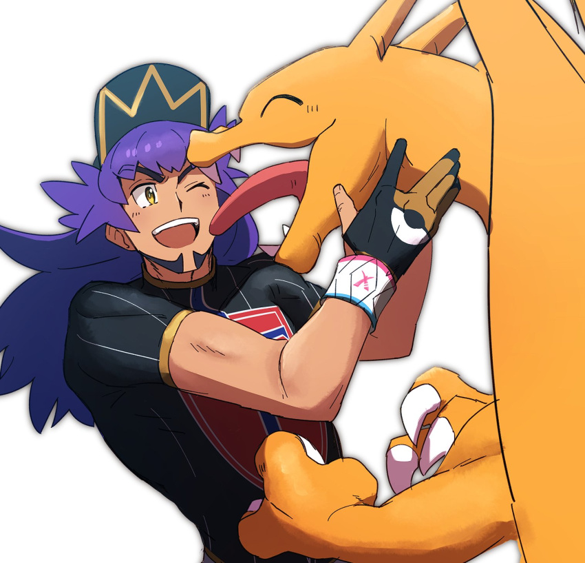 1boy ;d bangs baseball_cap champion_uniform charizard dark_skin dark_skinned_male dynamax_band facial_hair floating_hair gen_1_pokemon gloves hat highres leon_(pokemon) long_hair male_focus morio_(poke_orio) one_eye_closed open_mouth partially_fingerless_gloves pokemon pokemon_(creature) pokemon_(game) pokemon_swsh purple_hair shirt short_sleeves smile teeth tongue yellow_eyes