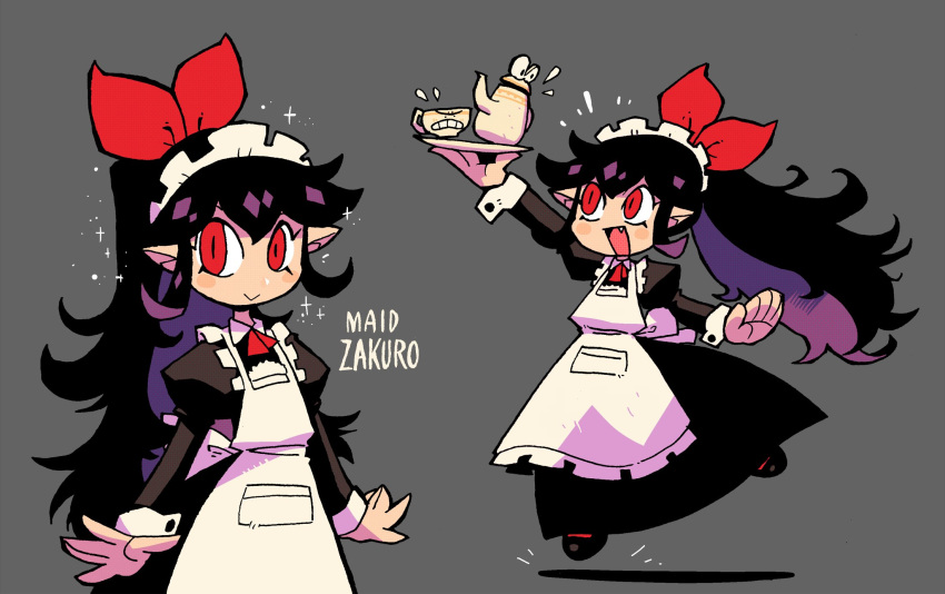 1girl :&gt; :d alternate_costume alternate_hairstyle apron black_dress black_hair blush_stickers bow character_name colored_inner_hair cup dress enmaided fang flying_sweatdrops grey_background hair_bow hand_up highres juliet_sleeves jumping long_hair long_sleeves looking_at_viewer maid maid_apron multicolored_hair multiple_views open_mouth original pointy_ears ponytail puffy_sleeves purple_hair rariatto_(ganguri) red_bow red_eyes simple_background slit_pupils smile sparkle teacup teapot tray very_long_hair white_apron zakuro_(rariatto)