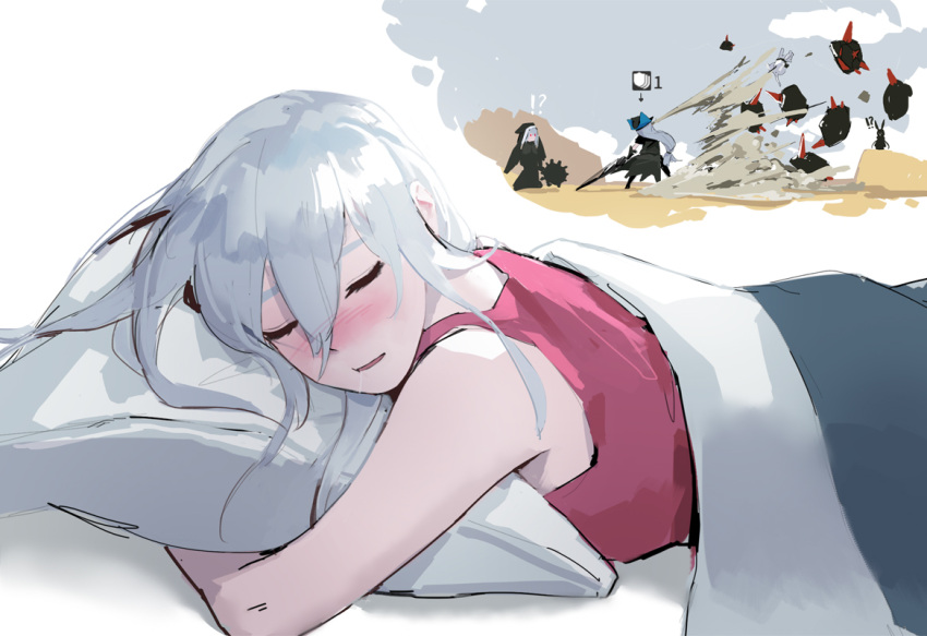 1girl arknights bangs bare_shoulders blanket breasts closed_eyes commentary dongho_kang dreaming hair_between_eyes holding long_hair lying on_stomach pillow pink_tank_top silver_hair skadi_(arknights) sleeping solo sword tank_top weapon