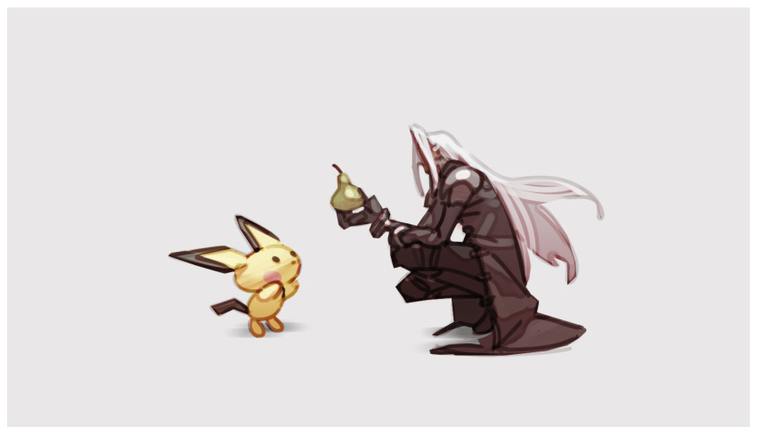 1boy black_coat black_footwear black_gloves black_pants coat final_fantasy final_fantasy_vii food fruit gen_2_pokemon gloves grey_background long_coat long_hair nin_nakajima pants pear pichu pokemon pokemon_(creature) reaching sephiroth simple_background squatting super_smash_bros. white_hair