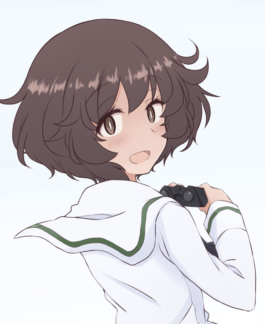 1girl akiyama_yukari bangs binoculars blouse blue_background brown_eyes brown_hair commentary eyebrows_visible_through_hair girls_und_panzer hazuki_haru highres holding holding_binoculars light_blush long_sleeves looking_at_viewer looking_back messy_hair ooarai_school_uniform open_mouth sailor_collar school_uniform short_hair smile solo white_blouse white_sailor_collar wind