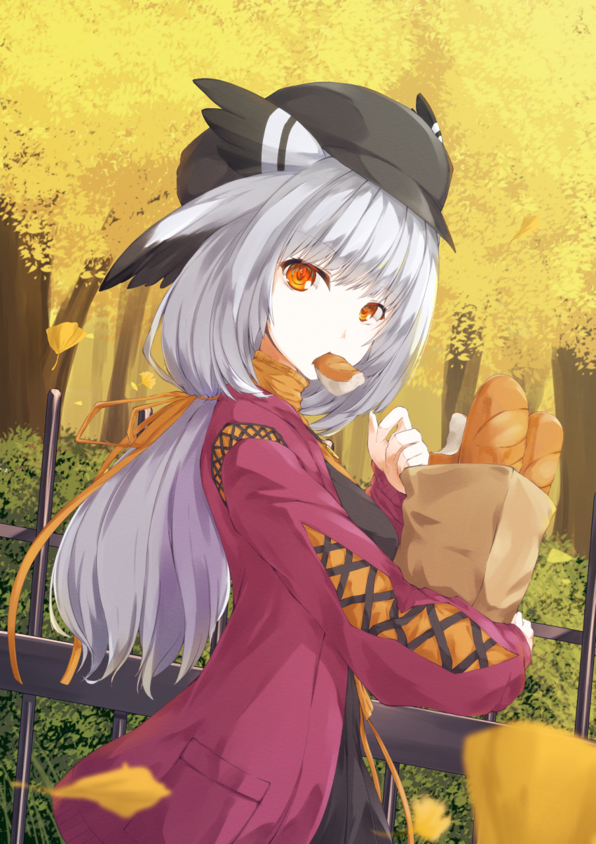1girl arknights bag black_headwear black_shirt bread cardigan eating eyebrows_visible_through_hair fence food grey_hair hat highres holding holding_bag leaf long_hair looking_at_viewer mouth_hold official_alternate_costume open_cardigan open_clothes orange_eyes owl_ears ptilopsis_(arknights) ptilopsis_(serenity)_(arknights) purple_sweater shirt solo standing sweater tree turtleneck upper_body yuki-san_(wdtm_yuki)