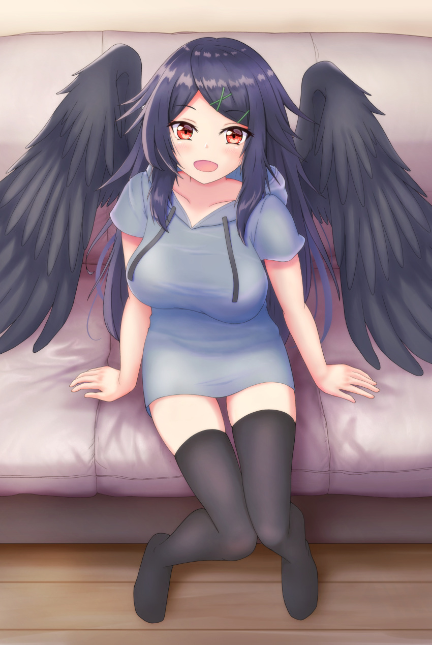 1girl absurdres alternate_costume alternate_hairstyle bangs bare_arms bird_wings black_hair black_legwear black_wings blush breasts collarbone commentary_request couch duplicate error eyebrows_visible_through_hair from_above grey_hoodie hair_ornament hairpin highres hood hoodie knees_together_feet_apart knees_touching large_breasts long_hair looking_at_viewer o1118 open_mouth parted_bangs red_eyes reiuji_utsuho short_sleeves sidelocks sitting smile solo thigh-highs thighs touhou wings wooden_floor zettai_ryouiki