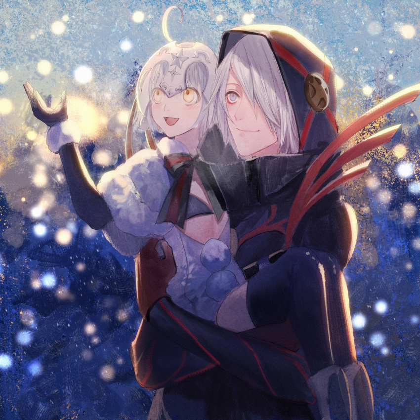 1boy 1girl ahoge alternate_skin_color black_coat bow bowtie carrying child coat eyeshadow fate/grand_order fate_(series) gloves green_eyes hair_over_one_eye highres hood hood_up jeanne_d'arc_(fate)_(all) jeanne_d'arc_alter_santa_lily karna_(fate) karna_(santa)_(fate) looking_up makeup male_focus princess_carry red_gloves sad_adrian short_hair smile snowing tsurime white_hair