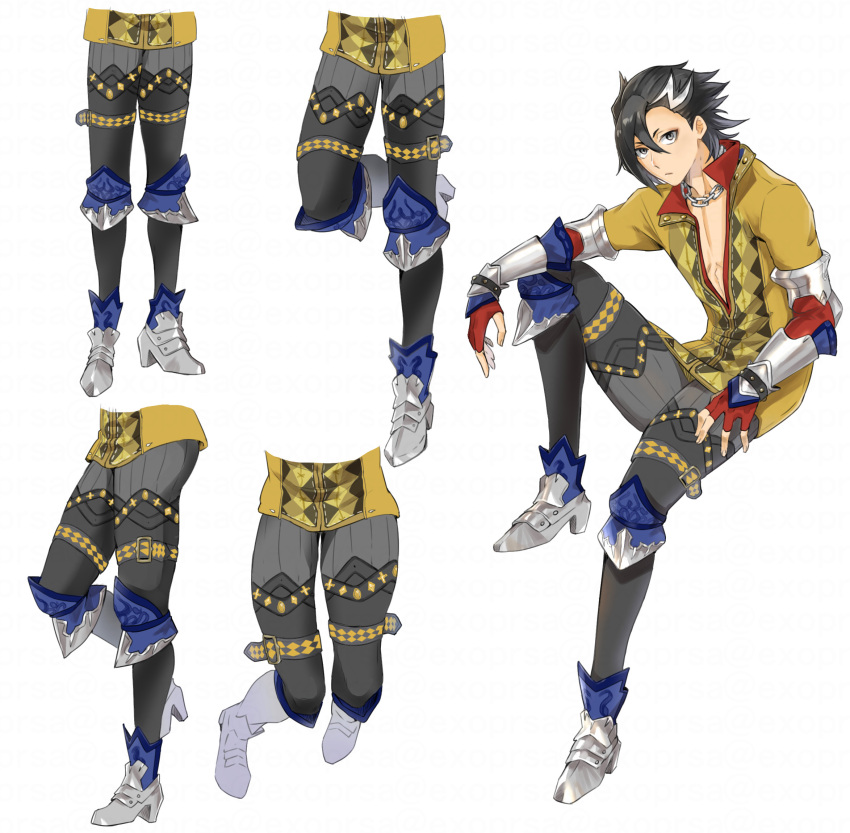 1boy bangs bishounen black_hair black_pants chain_necklace collage fate/grand_order fate_(series) full_body grey_eyes hair_between_eyes hair_strand highres jacket jumping knee_up looking_at_viewer lower_body male_focus mandricardo_(fate/grand_order) multicolored_hair multiple_views okuno_naru_(exoprsa) open_clothes open_jacket open_shirt pants red_shirt shirt short_hair simple_background streaked_hair swept_bangs thighs tight tight_pants vambraces white_hair yellow_jacket