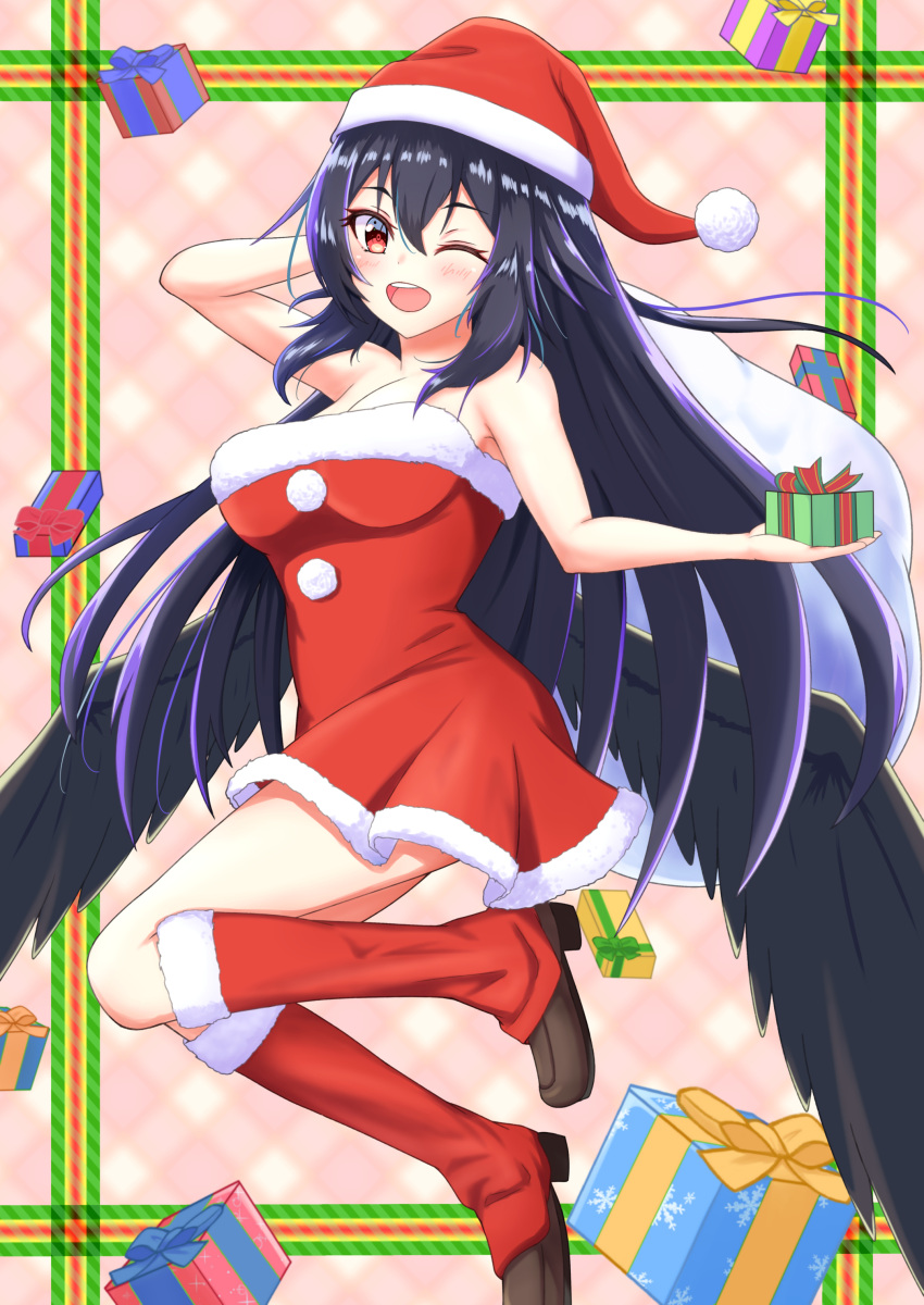 1girl absurdres bird_wings black_hair black_wings blush boots box breasts christmas commentary_request dress fur-trimmed_boots fur-trimmed_dress fur-trimmed_headwear fur_trim gift gift_box hat highres holding holding_gift large_breasts legs_up long_hair looking_at_viewer o1118 one_eye_closed open_mouth red_dress red_eyes red_footwear red_headwear reiuji_utsuho santa_dress santa_hat smile solo strapless strapless_dress touhou wings