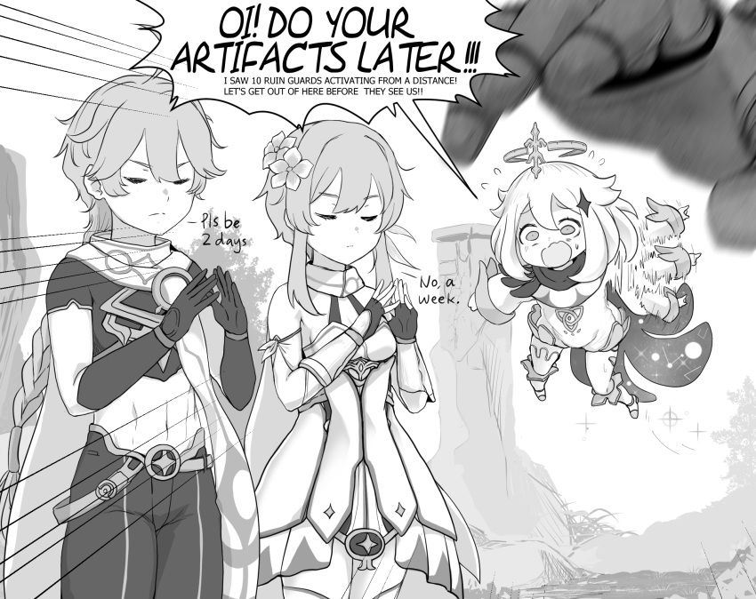 2girls aether_(genshin_impact) alphthelad brother_and_sister closed_eyes english_text genshin_impact greyscale hands_together highres lumine_(genshin_impact) monochrome motion_lines multiple_girls paimon_(genshin_impact) praying siblings simple_background speech_bubble white_background
