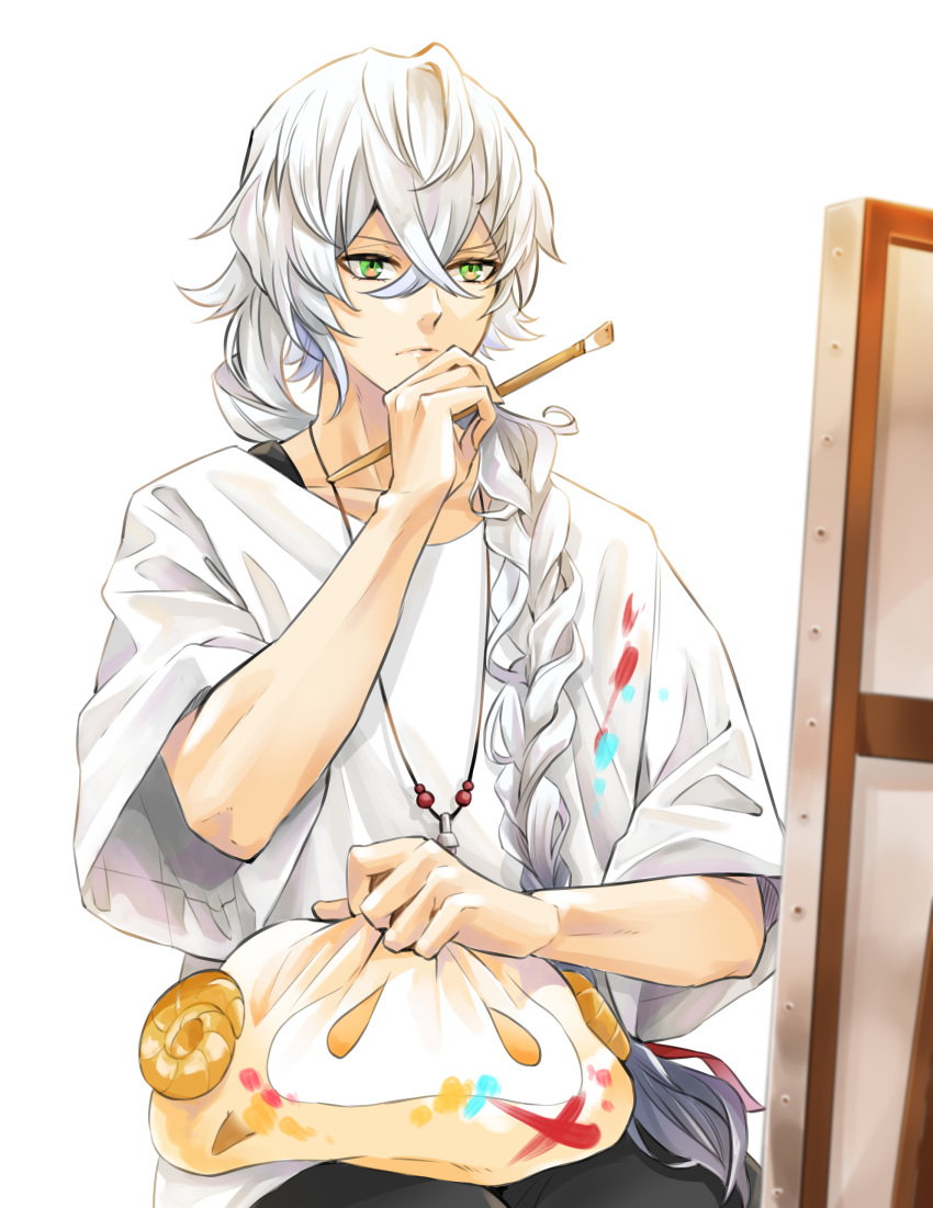 1boy absurdres alternate_costume apollo_(fate) asclepius_(fate) baggy_clothes bangs bishounen fate/grand_order fate_(series) green_eyes hair_between_eyes highres jewelry long_hair male_focus necklace okuno_naru_(exoprsa) paint_on_clothes paintbrush ponytail shirt simple_background solo upper_body white_hair white_shirt