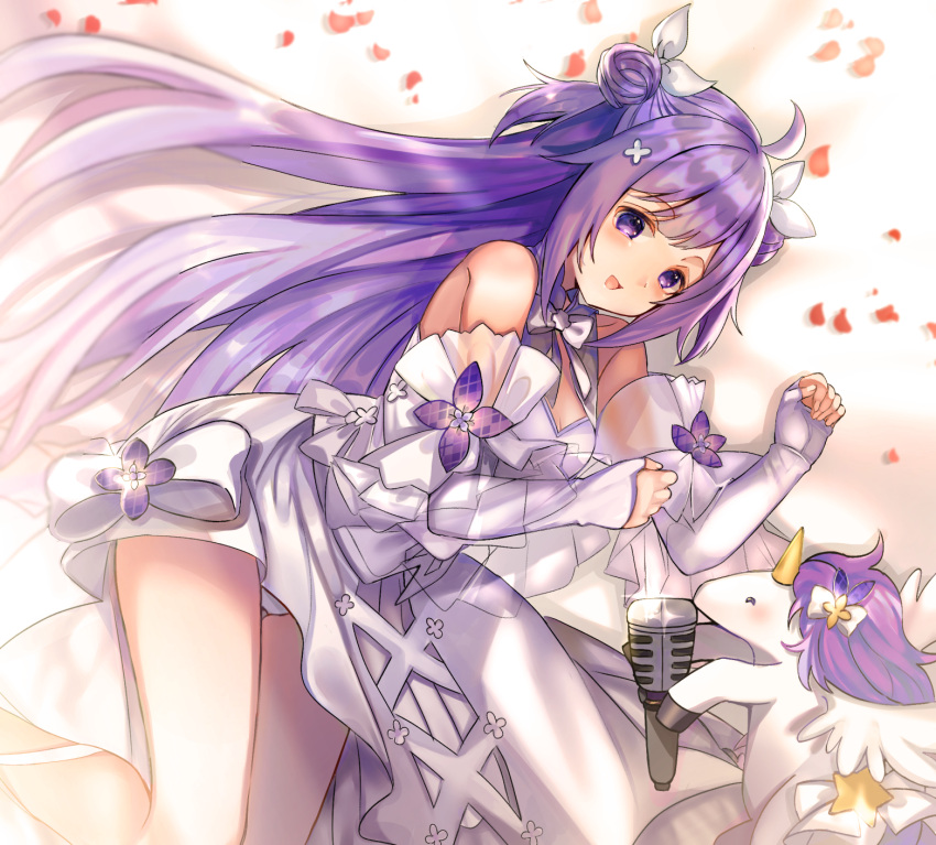 1girl :d ahoge azur_lane bangs bare_shoulders blush bow commentary_request double_bun dress elbow_gloves eyebrows_visible_through_hair feet_out_of_frame fingerless_gloves glint gloves hair_ribbon highres lying microphone on_side open_mouth petals plaid purple_hair ribbon shibaebi_(yasaip_game) sleeveless sleeveless_dress smile solo stuffed_winged_unicorn two_side_up unicorn_(azur_lane) violet_eyes white_bow white_dress white_gloves white_ribbon