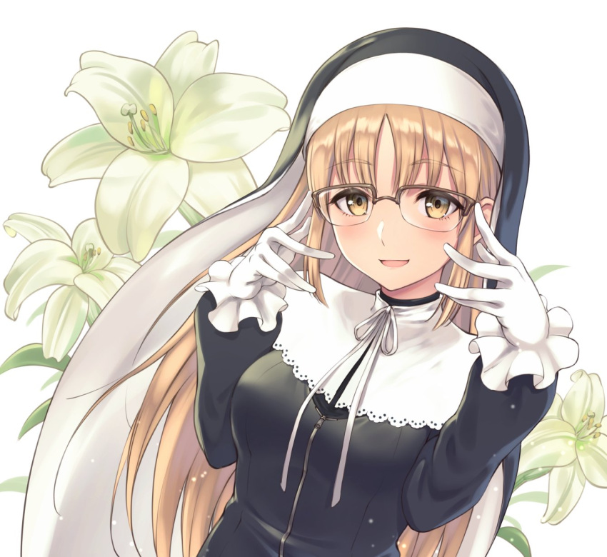 1girl bangs black_dress blonde_hair blush chokuro commentary_request dress eyebrows_visible_through_hair eyelashes flower glasses gloves habit highres long_hair long_sleeves looking_at_viewer nijisanji nun open_mouth ribbon shiny shiny_hair sister_cleaire smile solo virtual_youtuber white_gloves white_ribbon yellow_eyes zipper_pull_tab