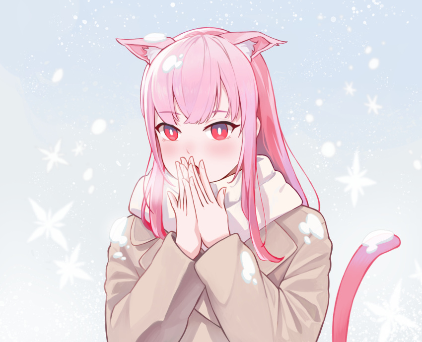 1girl animal_ears blush brown_coat cat_ears cat_tail coat commentary english_commentary eyebrows_visible_through_hair gradient gradient_background hands_together highres hololive hololive_english kemonomimi_mode mori_calliope nuebunny pink_hair red_eyes scarf simple_background snowflakes solo tail upper_body warming_hands white_scarf