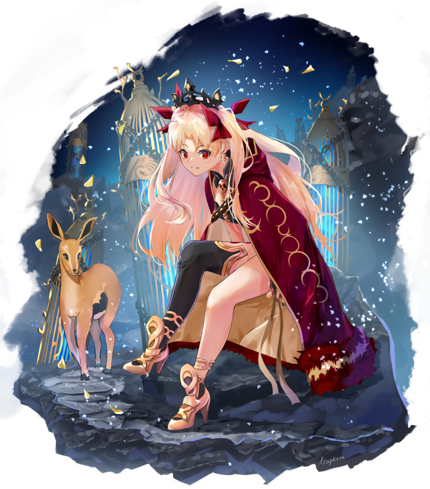 1girl absurdres artist_name asymmetrical_legwear bangs black_legwear blonde_hair breasts cage cape closed_mouth commentary_request deer earrings ereshkigal_(fate/grand_order) expressionless fate/grand_order fate_(series) hair_ribbon highres huge_filesize jewelry leaning_forward looking_at_viewer medium_breasts parted_bangs red_cape red_eyes red_ribbon ribbon signature single_thighhigh sitting solo thigh-highs tiara trapiorra two_side_up