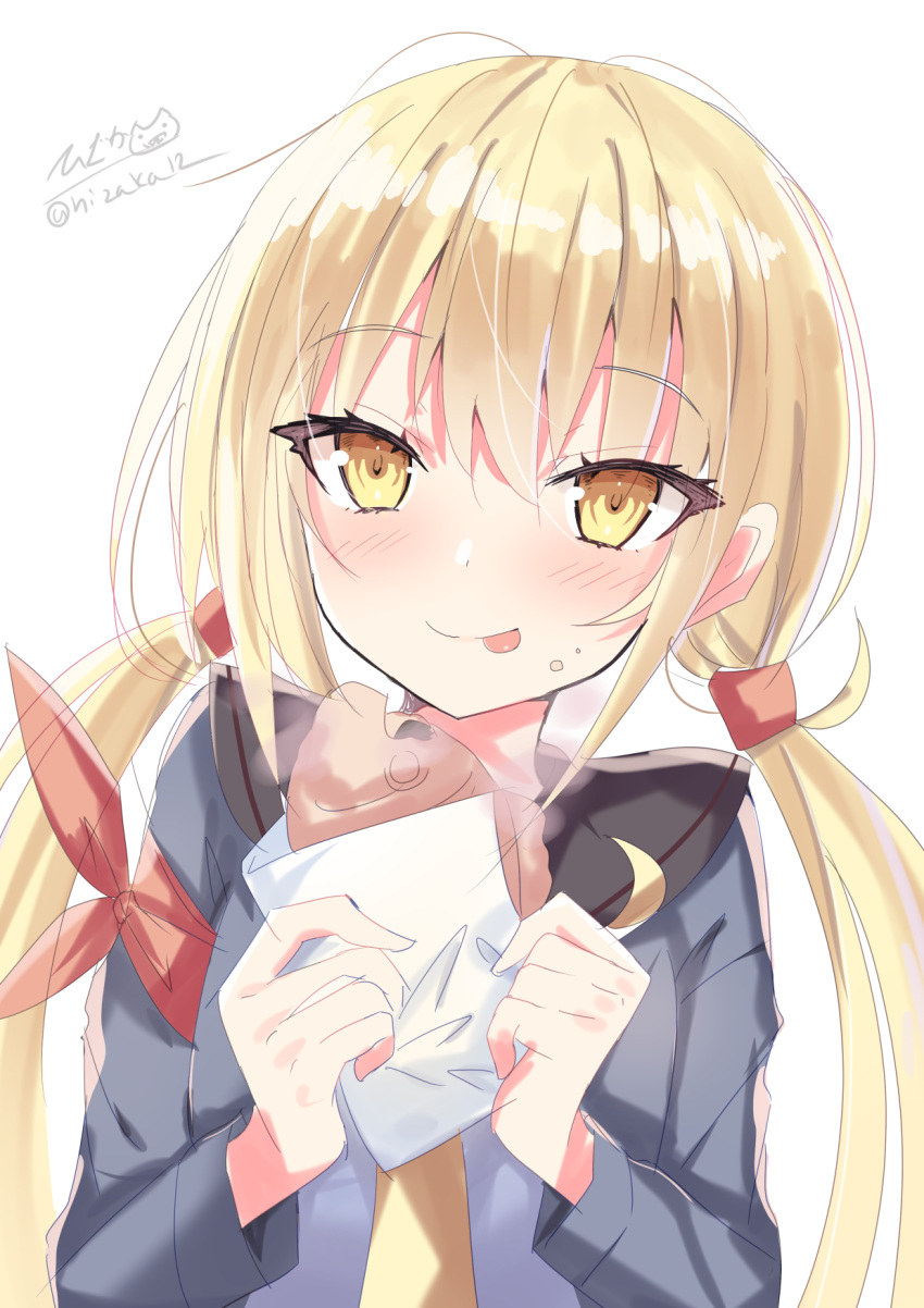 1girl black_sailor_collar blonde_hair blush crescent crescent_moon_pin eyebrows_visible_through_hair food food_on_face hair_between_eyes highres hizaka holding holding_food kantai_collection long_hair long_sleeves low_twintails neckerchief remodel_(kantai_collection) sailor_collar satsuki_(kantai_collection) simple_background smile solo taiyaki tongue tongue_out twintails twitter_username upper_body wagashi white_background yellow_eyes yellow_neckwear