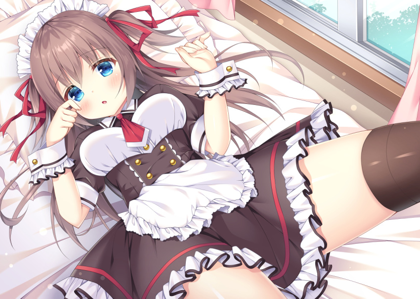 1girl :o apron bangs bed black_dress blue_eyes blush breasts brown_hair collared_dress commentary_request curtains dress eyebrows_visible_through_hair frilled_apron frilled_dress frilled_pillow frills fujikura_ryuune hair_between_eyes hair_ribbon hands_up long_hair looking_at_viewer lying maid maid_headdress medium_breasts on_back on_bed original parted_lips pillow puffy_short_sleeves puffy_sleeves red_neckwear red_ribbon ribbon short_sleeves solo spread_legs two_side_up very_long_hair waist_apron white_apron window wrist_cuffs