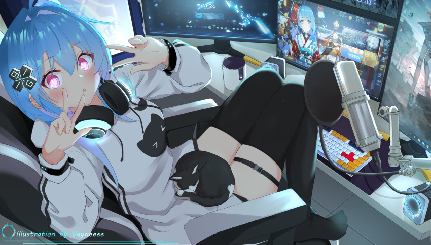 &gt;_&lt; 3girls absurdres ahoge alternate_costume animal animal_on_lap architecture arm_rest arms_up artist_name azur_lane background_text bangs black_cat black_gloves black_legwear blue_butterfly blue_eyes blue_hair blush bow bug building butterfly cable cat cat_on_lap cat_symbol chair coffee_mug collar commentary computer computer_tower cup desk double_w east_asian_architecture english_text eyebrows eyebrows_visible_through_hair eyelashes feet_on_chair floor flower glove_bow gloves hair_flower hair_ornament hands_up headphones headphones_around_neck helena_(azur_lane) helena_(the_blue_bird's_new_year)_(azur_lane) highres hood hood_down hoodie hoodie_dress illumination insect iron_cross japanese_clothes keyboard_(computer) kimino kimono knees_up light light_rays lights long_hair long_sleeves looking_at_viewer lying manjuu_(azur_lane) microphone monitor mousepad_(object) mug multicolored multicolored_clothes multicolored_hair multicolored_kimono multiple_girls multiple_monitors obi office_chair open_mouth outdoors parted_lips pink_eyes pink_hair playing_games red_bow saratoga_(azur_lane) sash shrine sidelocks sitting sleeping sleeping_on_person smile snow speaker stairs stone_lantern streamers studio_microphone symbol_commentary tail thigh-highs thigh_strap thighs two-tone_hair u-110_(azur_lane) vayneeeee violet_eyes w white_cat white_hair white_hoodie wide-eyed wide_sleeves