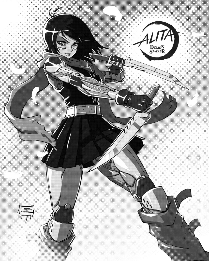 1girl alternate_costume android black_hair black_skirt breasts copyright_name crossover dagger dual_wielding english_commentary floating_hair gally gloves grey_gloves greyscale gunnm highres holding holding_dagger holding_weapon kimetsu_no_yaiba leadapprentice logo_parody mechanical_arms mechanical_legs medium_breasts monochrome short_hair skirt smile solo weapon