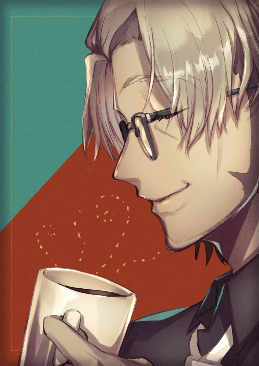 1boy arurandis asagiri0700 black_shirt close-up closed_eyes coffee collared_shirt cup facial_hair from_side glasses grey_hair highres holding holding_cup holostars male_focus mug shirt smile solo stubble virtual_youtuber