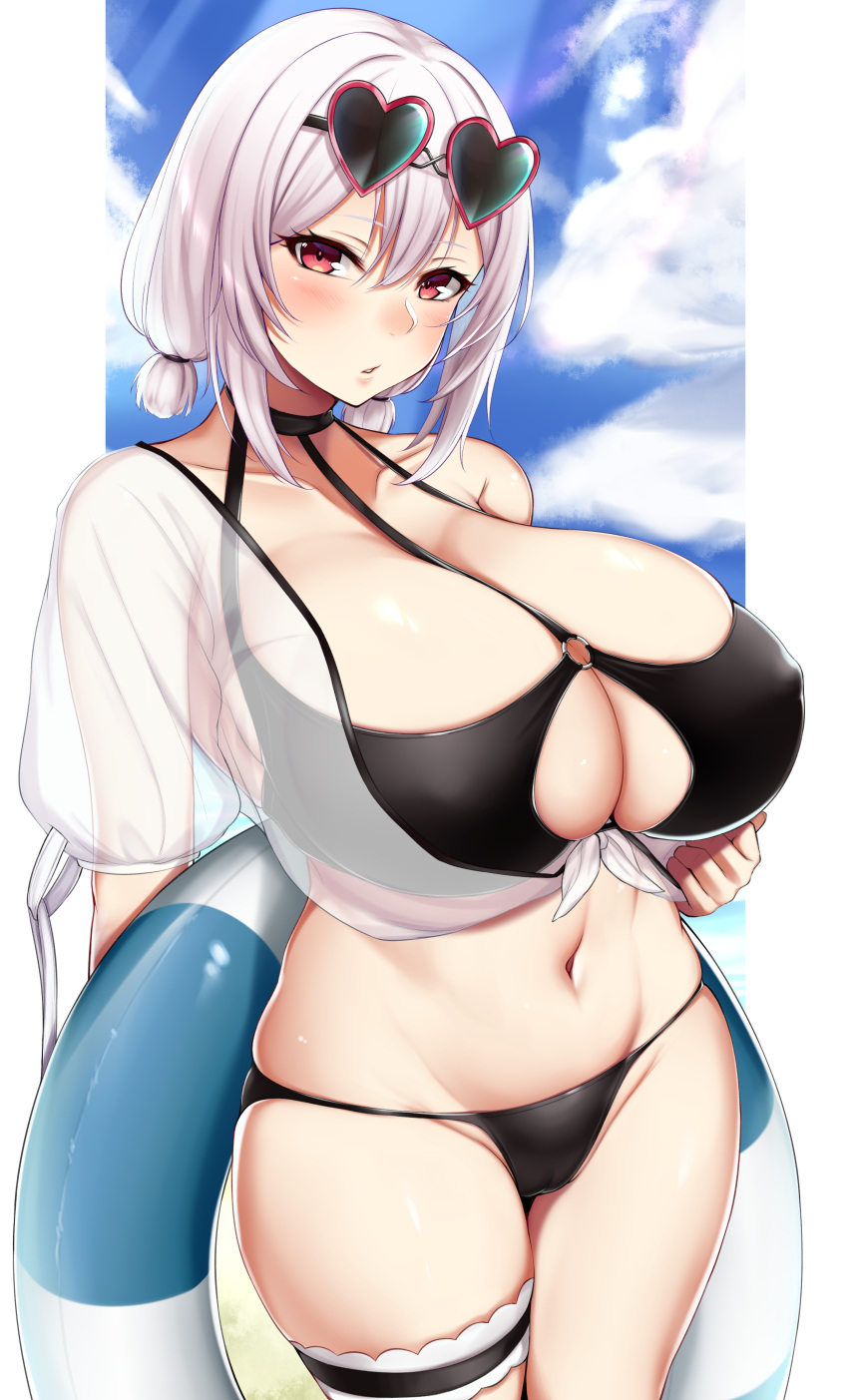 black_bikini cleavage covered_nipples huge_breasts inflatable_toy looking_at_viewer red_eyes short_hair sirius_(azur_lane) sunglasses sunglasses_on_head thick_thighs white_hair