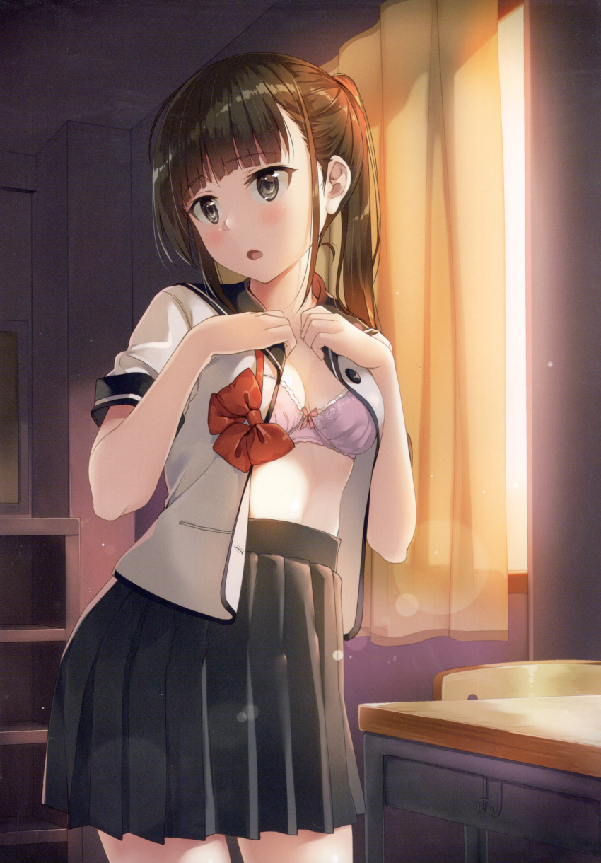 1girl absurdres blush bow bow_bra bra brown_eyes brown_hair curtains desk hands_up highres indoors lips long_hair looking_away open_clothes open_mouth original pink_bra pleated_skirt ponytail red_bow scan school_desk school_uniform shiny shiny_hair short_sleeves skirt solo tied_hair unasaka_ryou underwear undressing window