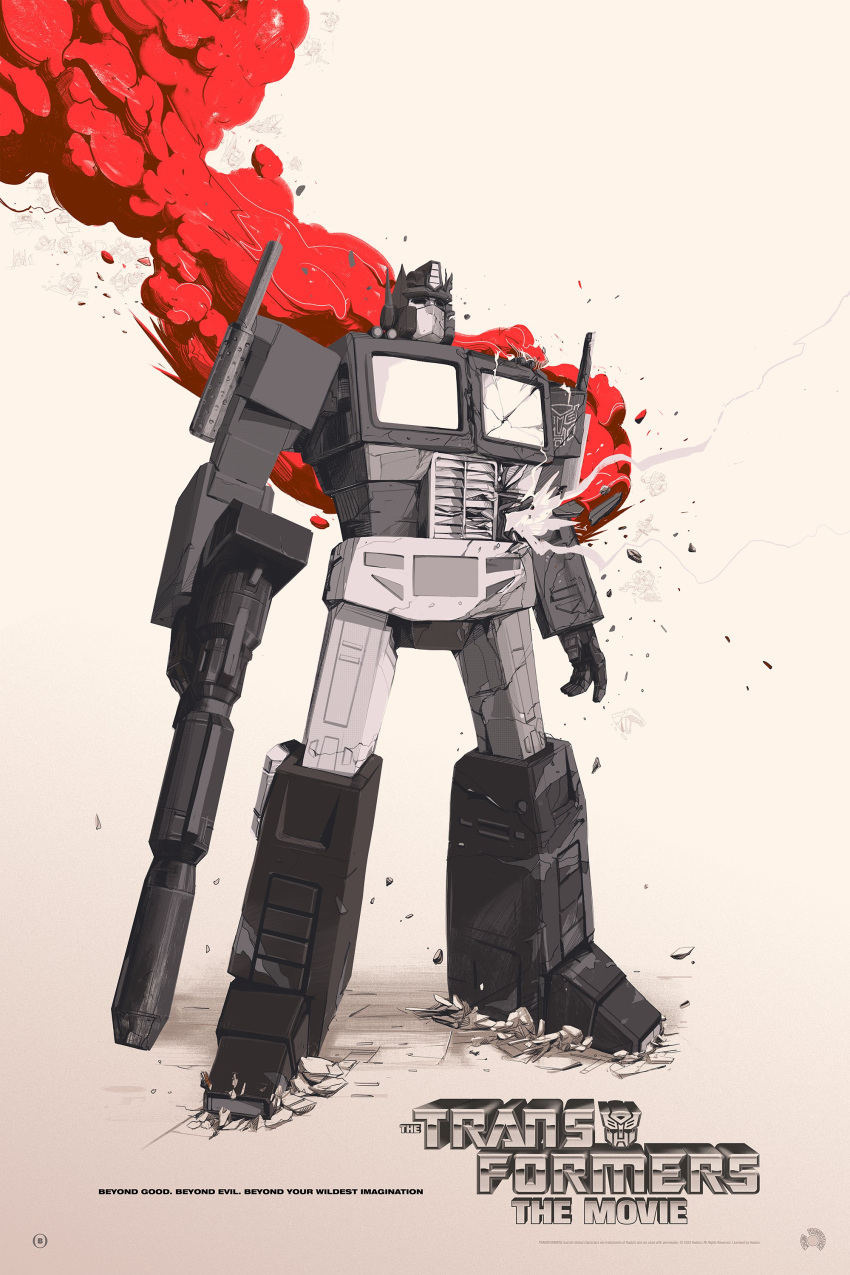 1boy absurdres autobot beige_background black_eyes copyright_name damaged english_text gun highres holding holding_gun holding_weapon mecha no_humans oliver_barrett open_hand optimus_prime poster_(medium) smoke solo standing transformers weapon