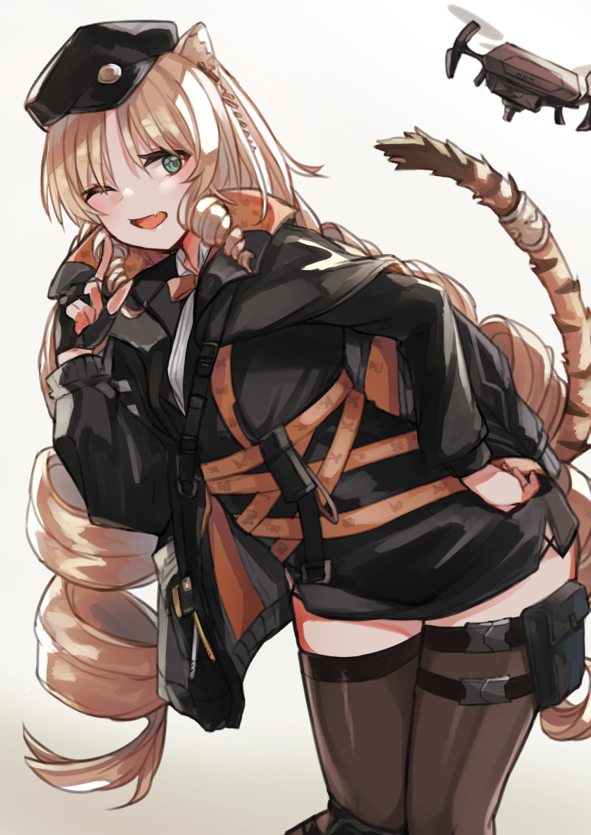 1girl absurdres animal_ears arknights beret black_gloves black_headwear black_jacket black_legwear blonde_hair cowboy_shot drill_hair drone fang finger_to_cheek fingerless_gloves gloves green_eyes hat highres jacket leaning_to_the_side long_hair looking_at_viewer one_eye_closed open_mouth pouch simple_background skin_fang solo standing strap swire_(arknights) tail tail_raised thigh-highs tiger_ears tiger_tail tsyn very_long_hair white_background zettai_ryouiki