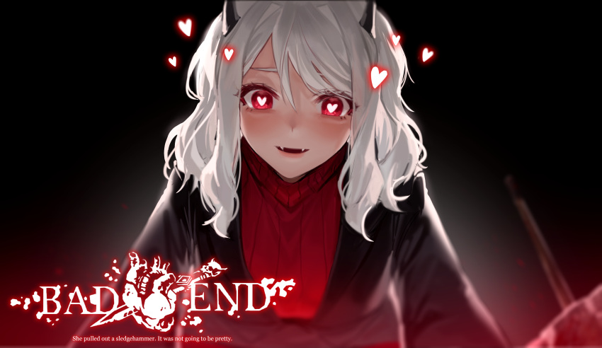 1girl absurdres black_background black_jacket blurry blush breasts commentary demon_horns depth_of_field english_commentary english_text fangs hair_between_eyes heart heart-shaped_pupils helltaker highres horns jacket lips looking_at_viewer medium_breasts medium_hair modeus_(helltaker) open_mouth pov red_eyes red_sweater ribbed_sweater silver_hair simple_background smile solo sowb sweater symbol-shaped_pupils turtleneck turtleneck_sweater