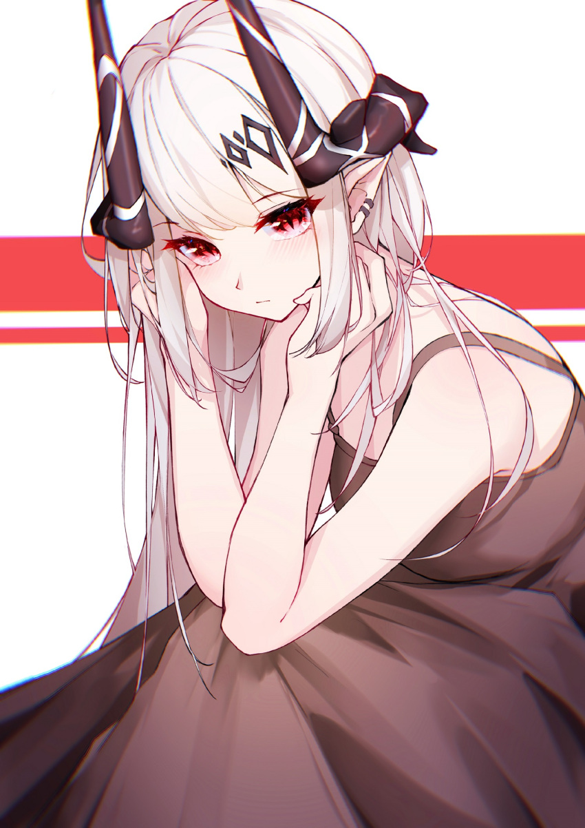 1girl arknights bare_arms bare_shoulders black_dress casual closed_mouth dress earrings hair_ornament hands_up highres horns jewelry leria_v long_hair looking_at_viewer mudrock_(arknights) pointy_ears red_eyes sidelocks sleeveless sleeveless_dress slit_pupils solo white_background white_hair