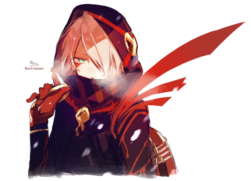 1boy absurdres aqua_eyes breath fate/grand_order fate_(series) gloves hair_over_one_eye highres holding hood hood_up karna_(fate) karna_(santa)_(fate) male_focus over_shoulder parted_lips red_gloves scarf signature simple_background sketch sofra solo striped striped_scarf twitter_username upper_body white_background white_hair