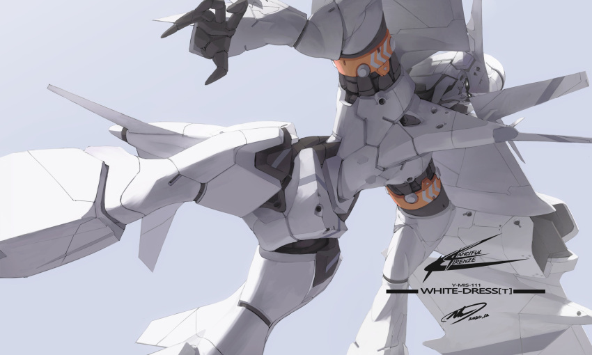 absurdres andrew_leung artist_name dated flying grey_background highres looking_down mecha no_humans open_hand original science_fiction signature solo white_eyes wings
