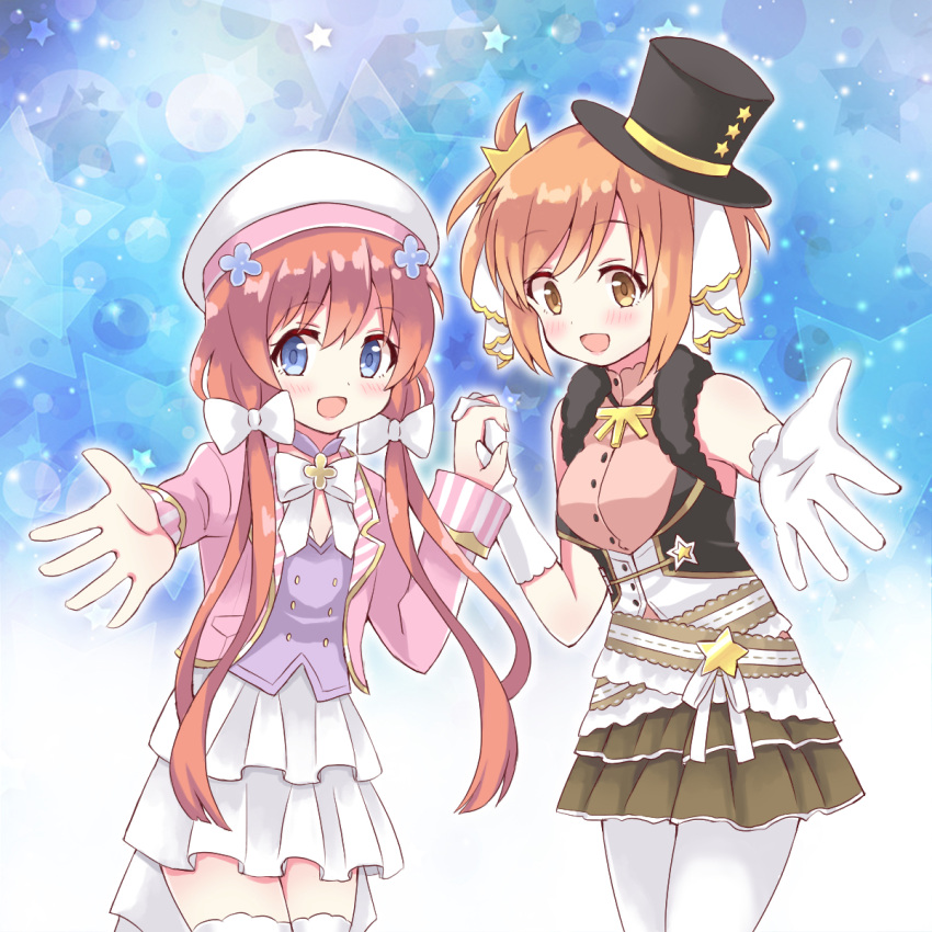 2girls alternate_costume bangs blue_eyes bow brown_eyes brown_hair character_request eyebrows_visible_through_hair hair_bow hair_ornament hat highres holding_hands kirara_(kirara_fantasia) kirara_fantasia light_blush long_hair looking_to_the_side ma_tsukasa multiple_girls open_hand open_mouth orange_hair outstretched_arms short_hair short_twintails skirt smile star_(symbol) star_hair_ornament twintails white_bow white_skirt